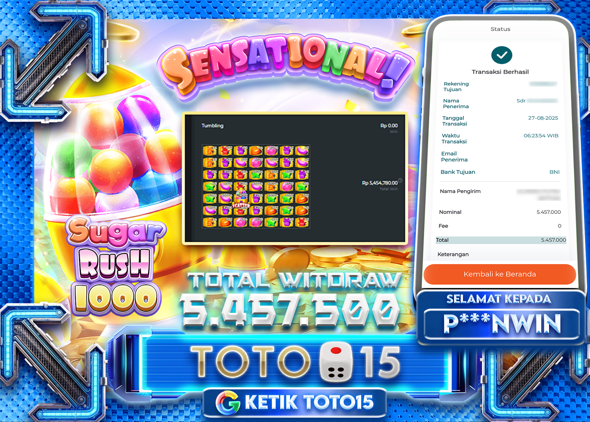 P***NWIN JACKPOT SUGAR RUSH 1000 Rp.5.457.500 - LUNAS